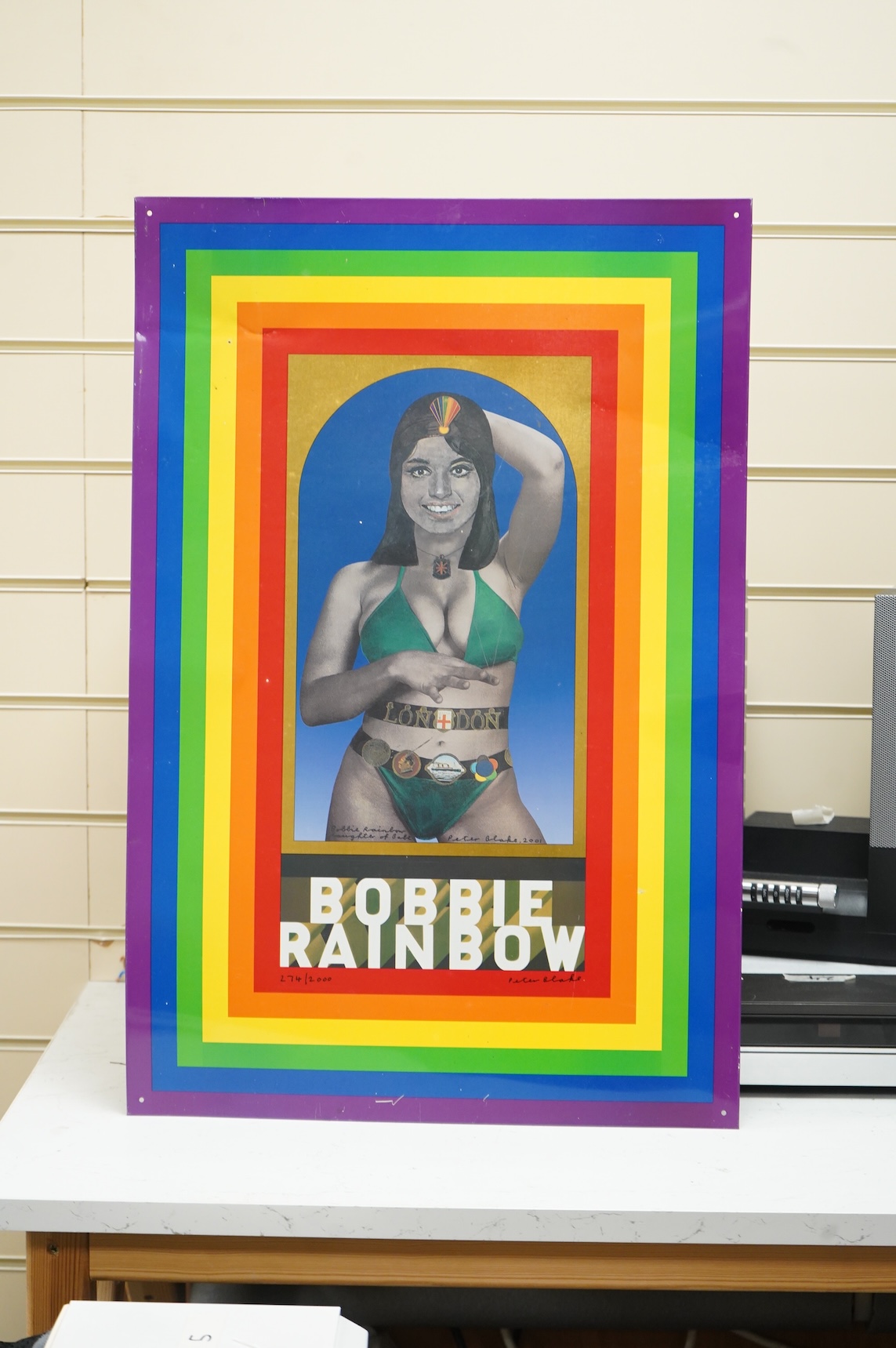Peter Blake CBE RDI RA (b.1932), ‘Bobbie Rainbow, 2001’, signed and limited edition 274/2000, lithograph on tin panel, Pallant House Gallery stamp verso, unframed, 66 x 44cm